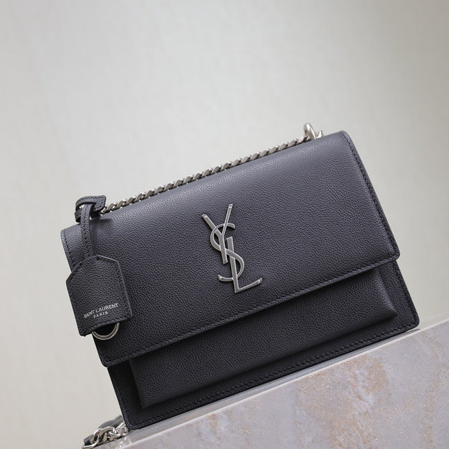 YSL 25S SUNSET MEDIUM 22 IN BLACK GRAINED CALFSKIN SILVER HARDWARE