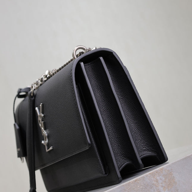 YSL 25S SUNSET MEDIUM 22 IN BLACK GRAINED CALFSKIN SILVER HARDWARE