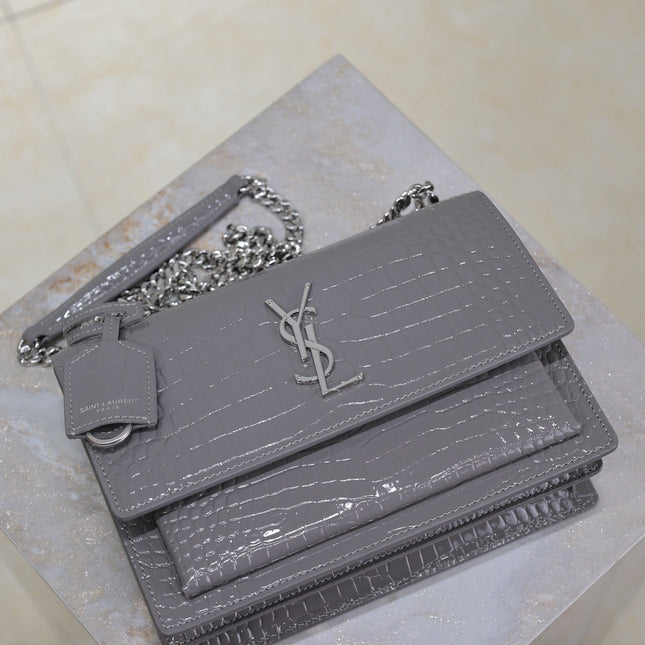 YSL 25S SUNSET MEDIUM 22 IN DARK GRAY CROCODILE-EMBOSSED SHINY CALFSKIN SILVER HARDWARE