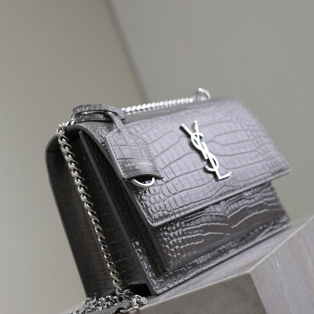 YSL 25S SUNSET MEDIUM 22 IN DARK GRAY CROCODILE-EMBOSSED SHINY CALFSKIN SILVER HARDWARE