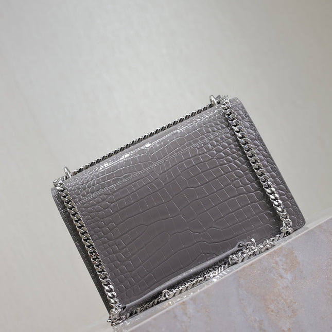 YSL 25S SUNSET MEDIUM 22 IN DARK GRAY CROCODILE-EMBOSSED SHINY CALFSKIN SILVER HARDWARE