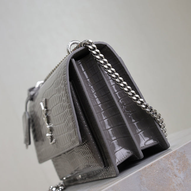 YSL 25S SUNSET MEDIUM 22 IN DARK GRAY CROCODILE-EMBOSSED SHINY CALFSKIN SILVER HARDWARE