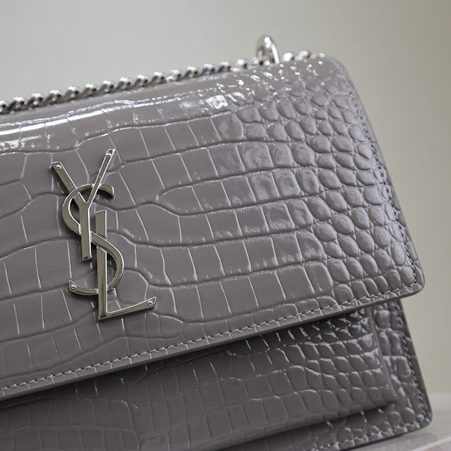 YSL 25S SUNSET MEDIUM 22 IN DARK GRAY CROCODILE-EMBOSSED SHINY CALFSKIN SILVER HARDWARE