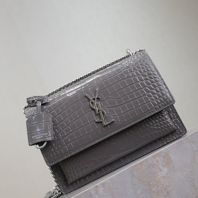 YSL 25S SUNSET MEDIUM 22 IN DARK GRAY CROCODILE-EMBOSSED SHINY CALFSKIN SILVER HARDWARE