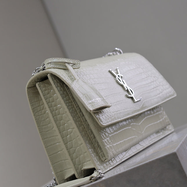 YSL 25S SUNSET MEDIUM 22 IN IVORY CROCODILE-EMBOSSED SHINY CALFSKIN SILVER HARDWARE