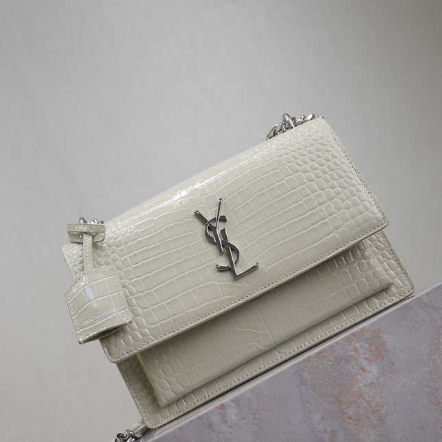 YSL 25S SUNSET MEDIUM 22 IN IVORY CROCODILE-EMBOSSED SHINY CALFSKIN SILVER HARDWARE