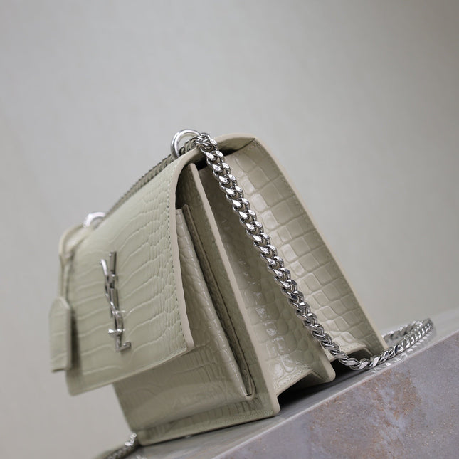 YSL 25S SUNSET MEDIUM 22 IN IVORY CROCODILE-EMBOSSED SHINY CALFSKIN SILVER HARDWARE