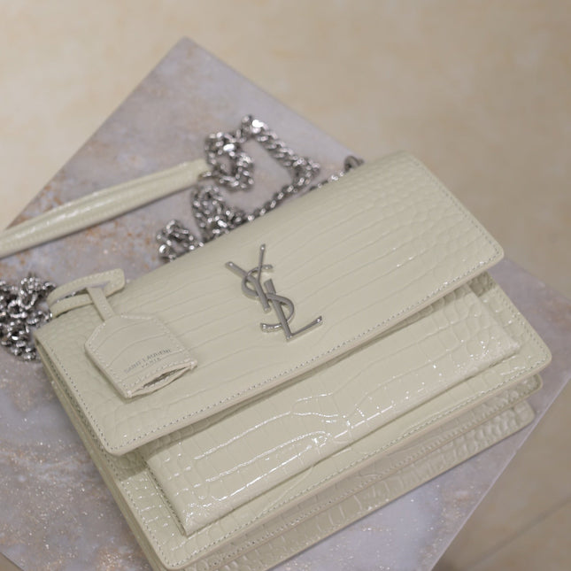 YSL 25S SUNSET MEDIUM 22 IN IVORY CROCODILE-EMBOSSED SHINY CALFSKIN SILVER HARDWARE