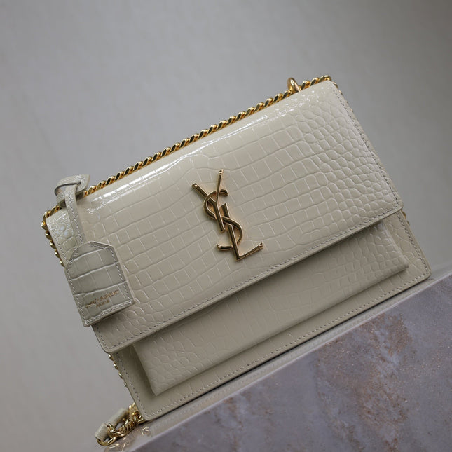 YSL 25S SUNSET MEDIUM 22 IN IVORY CROCODILE-EMBOSSED SHINY CALFSKIN GOLD HARDWARE