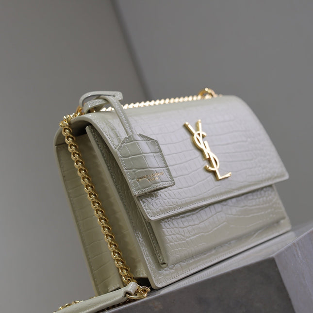 YSL 25S SUNSET MEDIUM 22 IN IVORY CROCODILE-EMBOSSED SHINY CALFSKIN GOLD HARDWARE