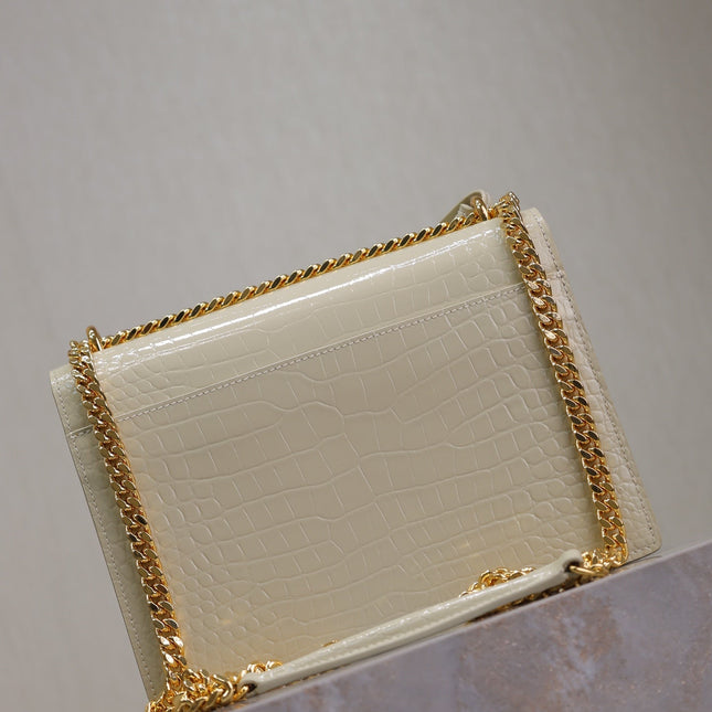 YSL 25S SUNSET MEDIUM 22 IN IVORY CROCODILE-EMBOSSED SHINY CALFSKIN GOLD HARDWARE