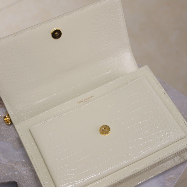 YSL 25S SUNSET MEDIUM 22 IN IVORY CROCODILE-EMBOSSED SHINY CALFSKIN GOLD HARDWARE