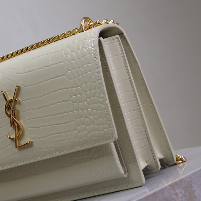 YSL 25S SUNSET MEDIUM 22 IN IVORY CROCODILE-EMBOSSED SHINY CALFSKIN GOLD HARDWARE