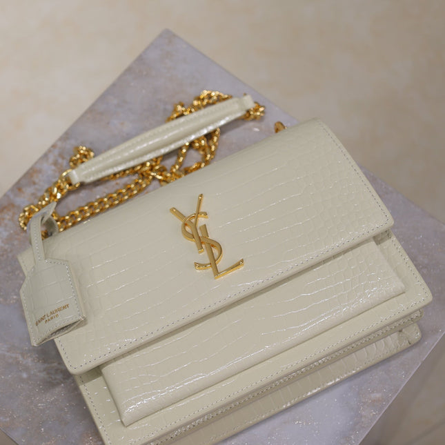 YSL 25S SUNSET MEDIUM 22 IN IVORY CROCODILE-EMBOSSED SHINY CALFSKIN GOLD HARDWARE