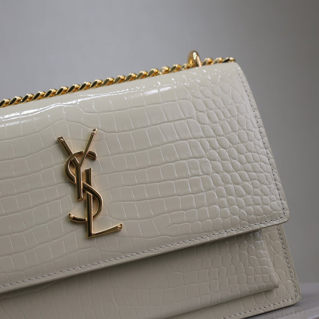 YSL 25S SUNSET MEDIUM 22 IN IVORY CROCODILE-EMBOSSED SHINY CALFSKIN GOLD HARDWARE