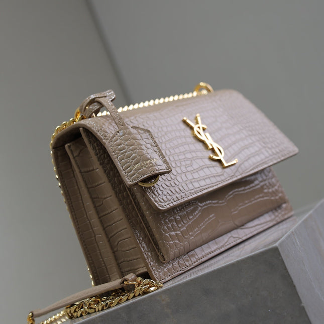 YSL 25S SUNSET MEDIUM 22 IN NUDE CROCODILE-EMBOSSED SHINY CALFSKIN GOLD HARDWARE