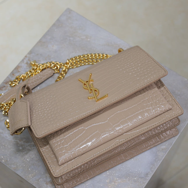 YSL 25S SUNSET MEDIUM 22 IN NUDE CROCODILE-EMBOSSED SHINY CALFSKIN GOLD HARDWARE