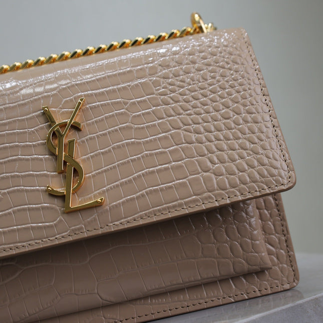 YSL 25S SUNSET MEDIUM 22 IN NUDE CROCODILE-EMBOSSED SHINY CALFSKIN GOLD HARDWARE
