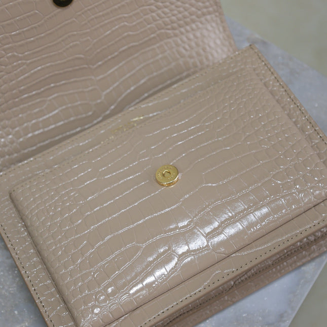 YSL 25S SUNSET MEDIUM 22 IN NUDE CROCODILE-EMBOSSED SHINY CALFSKIN GOLD HARDWARE