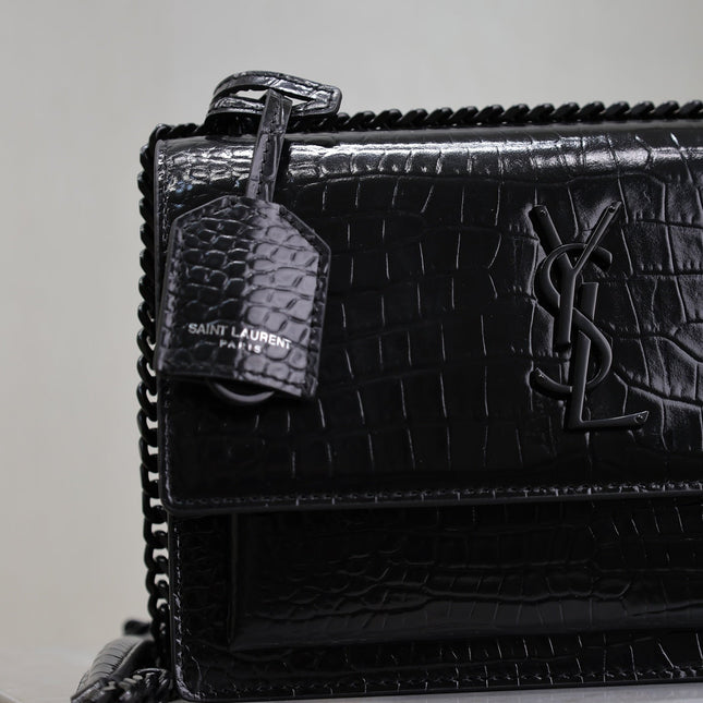 YSL 25S SUNSET MEDIUM 22 IN BLACK CROCODILE-EMBOSSED SHINY CALFSKIN BLACK HARDWARE