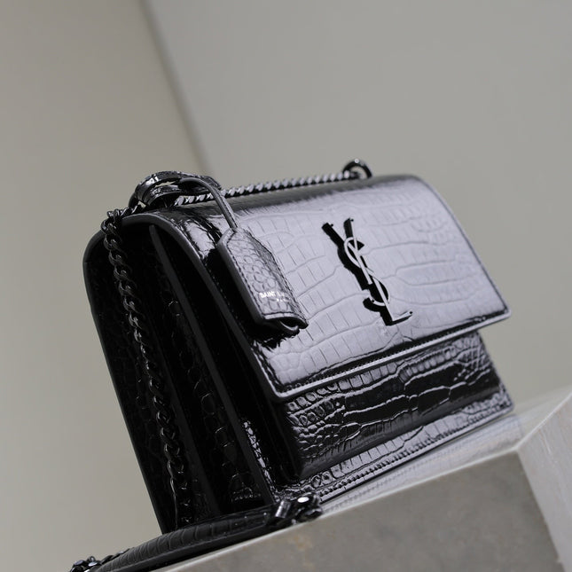 YSL 25S SUNSET MEDIUM 22 IN BLACK CROCODILE-EMBOSSED SHINY CALFSKIN BLACK HARDWARE