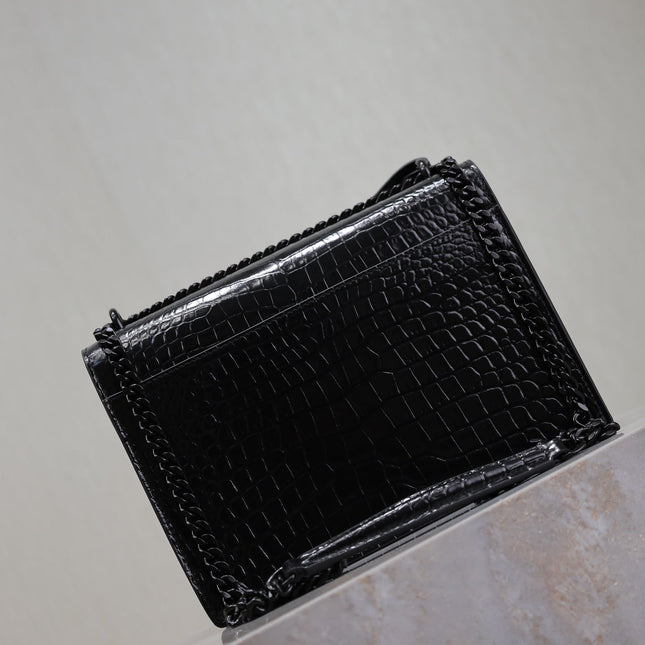 YSL 25S SUNSET MEDIUM 22 IN BLACK CROCODILE-EMBOSSED SHINY CALFSKIN BLACK HARDWARE