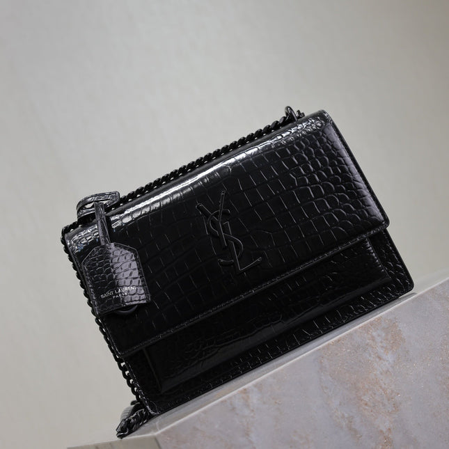 YSL 25S SUNSET MEDIUM 22 IN BLACK CROCODILE-EMBOSSED SHINY CALFSKIN BLACK HARDWARE