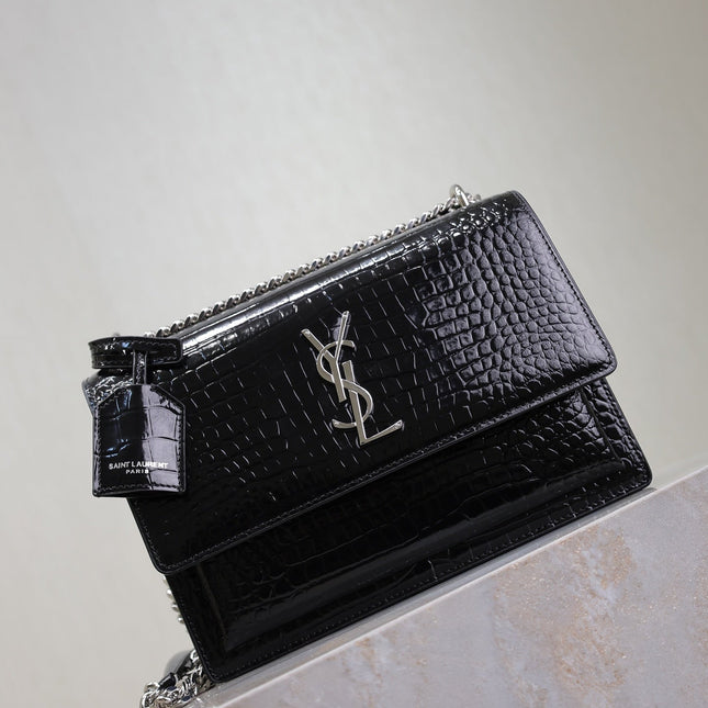 YSL 25S SUNSET MEDIUM 22 IN BLACK CROCODILE-EMBOSSED SHINY CALFSKIN SILVER HARDWARE