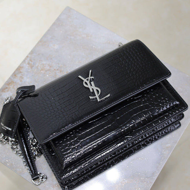 YSL 25S SUNSET MEDIUM 22 IN BLACK CROCODILE-EMBOSSED SHINY CALFSKIN SILVER HARDWARE