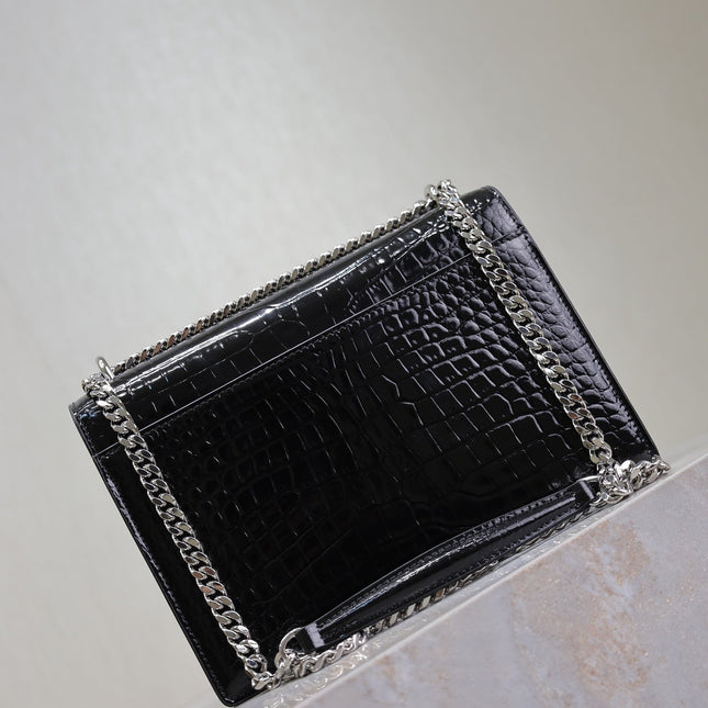 YSL 25S SUNSET MEDIUM 22 IN BLACK CROCODILE-EMBOSSED SHINY CALFSKIN SILVER HARDWARE