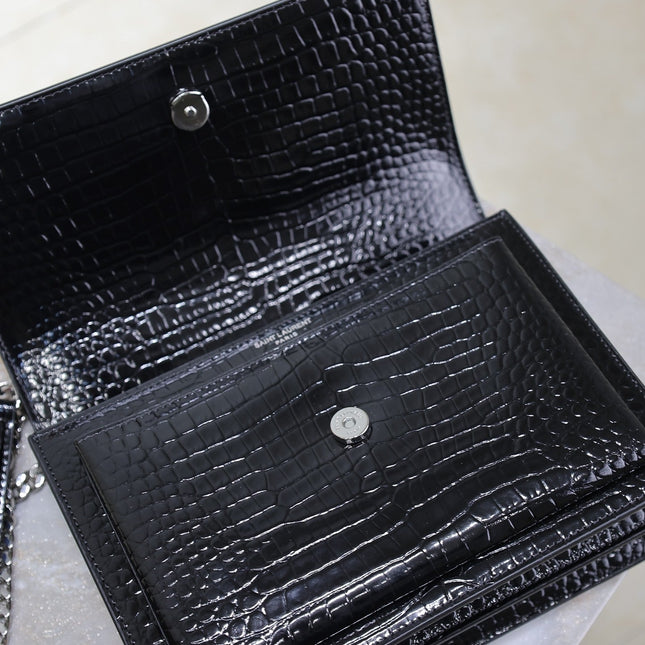 YSL 25S SUNSET MEDIUM 22 IN BLACK CROCODILE-EMBOSSED SHINY CALFSKIN SILVER HARDWARE