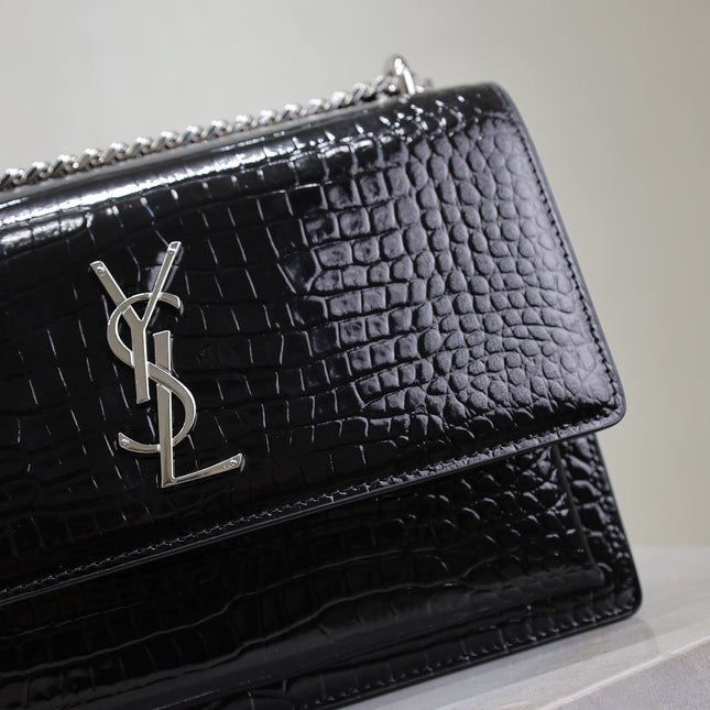YSL 25S SUNSET MEDIUM 22 IN BLACK CROCODILE-EMBOSSED SHINY CALFSKIN SILVER HARDWARE