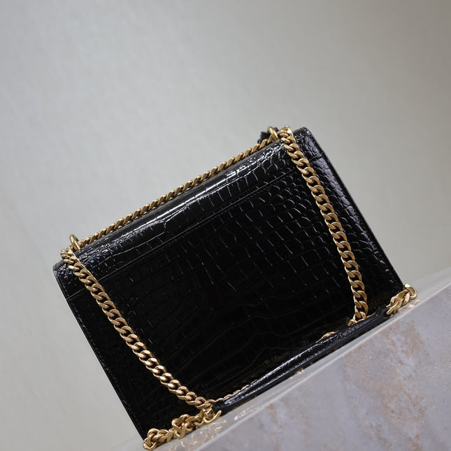 YSL 25S SUNSET MEDIUM 22 IN BLACK CROCODILE-EMBOSSED SHINY CALFSKIN GOLD HARDWARE