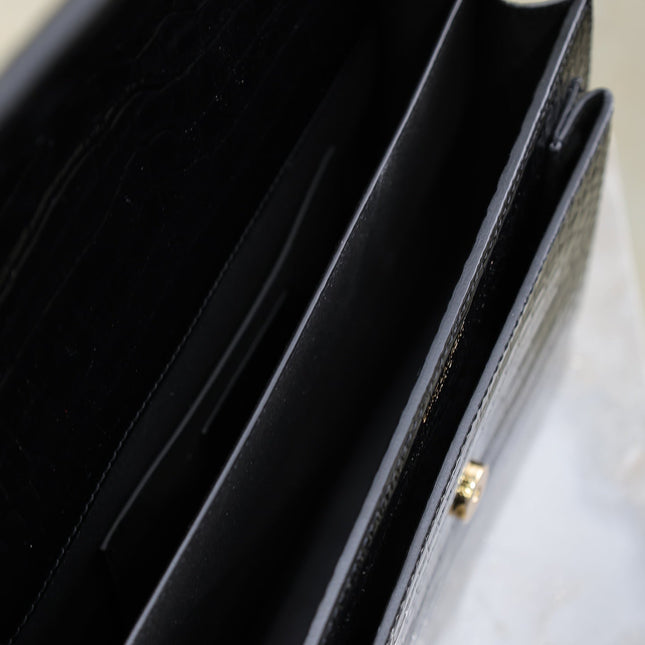 YSL 25S SUNSET MEDIUM 22 IN BLACK CROCODILE-EMBOSSED SHINY CALFSKIN GOLD HARDWARE