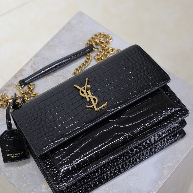YSL 25S SUNSET MEDIUM 22 IN BLACK CROCODILE-EMBOSSED SHINY CALFSKIN GOLD HARDWARE