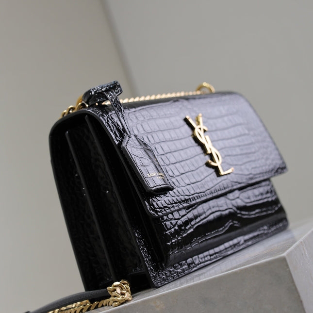 YSL 25S SUNSET MEDIUM 22 IN BLACK CROCODILE-EMBOSSED SHINY CALFSKIN GOLD HARDWARE