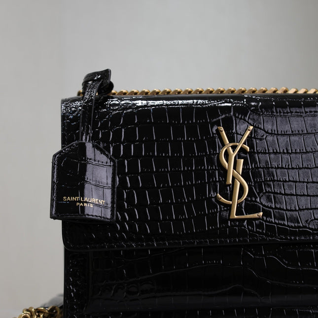 YSL 25S SUNSET MEDIUM 22 IN BLACK CROCODILE-EMBOSSED SHINY CALFSKIN GOLD HARDWARE