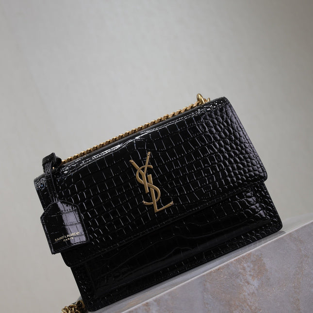 YSL 25S SUNSET MEDIUM 22 IN BLACK CROCODILE-EMBOSSED SHINY CALFSKIN GOLD HARDWARE