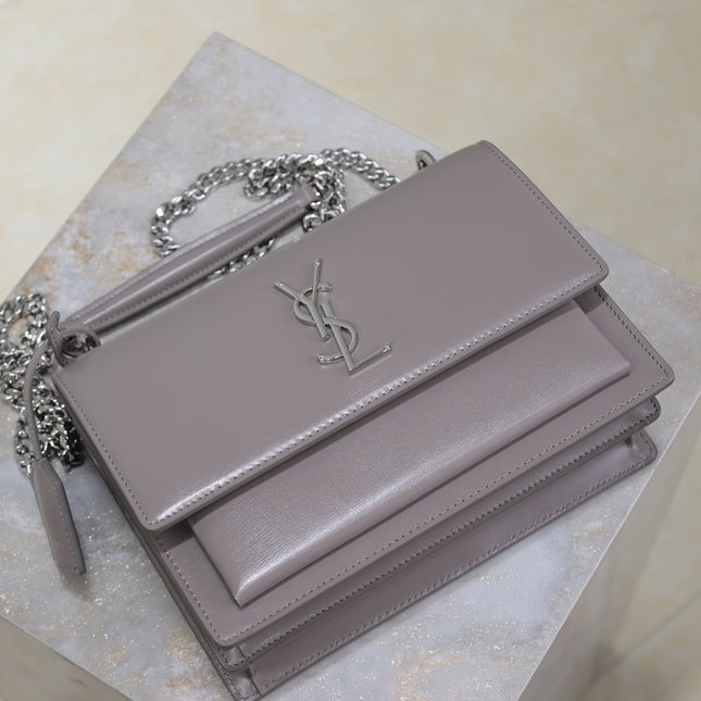 YSL 25S SUNSET BAG 22 IN DARK PURPLE CALFSKIN SILVER HARDWARE
