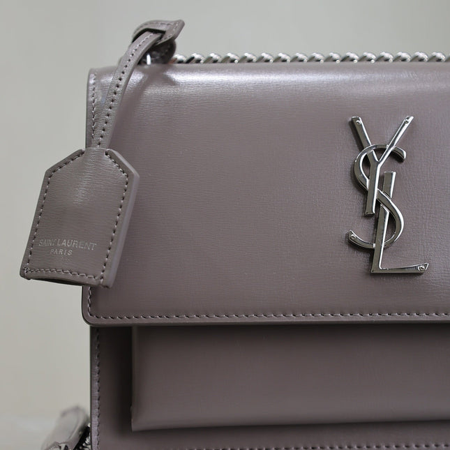 YSL 25S SUNSET BAG 22 IN DARK PURPLE CALFSKIN SILVER HARDWARE