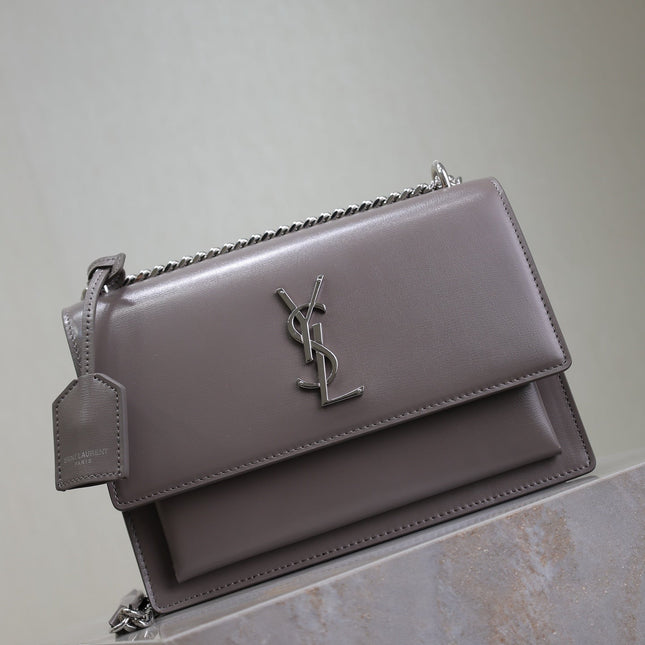YSL 25S SUNSET BAG 22 IN DARK PURPLE CALFSKIN SILVER HARDWARE