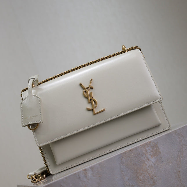 YSL 25S SUNSET BAG 22 IN IVORY CALFSKIN GOLD HARDWARE