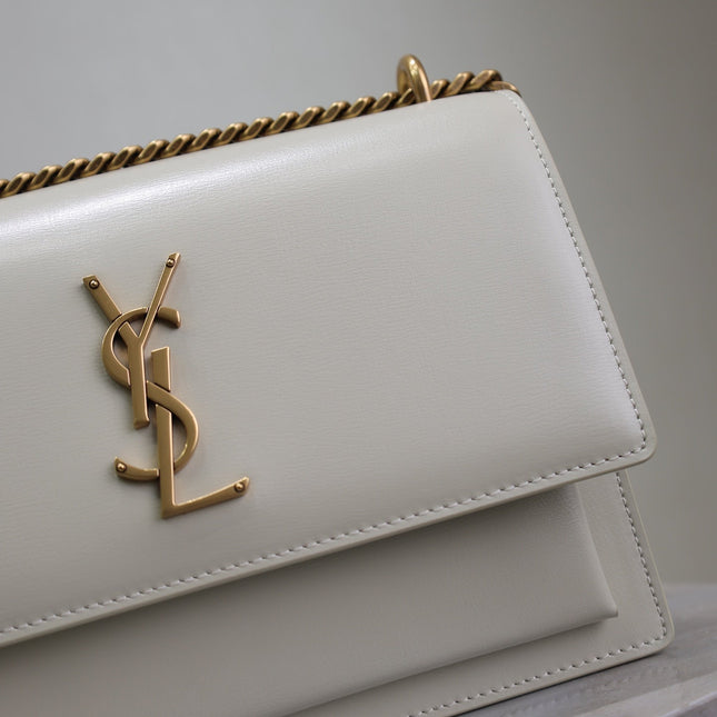 YSL 25S SUNSET BAG 22 IN IVORY CALFSKIN GOLD HARDWARE
