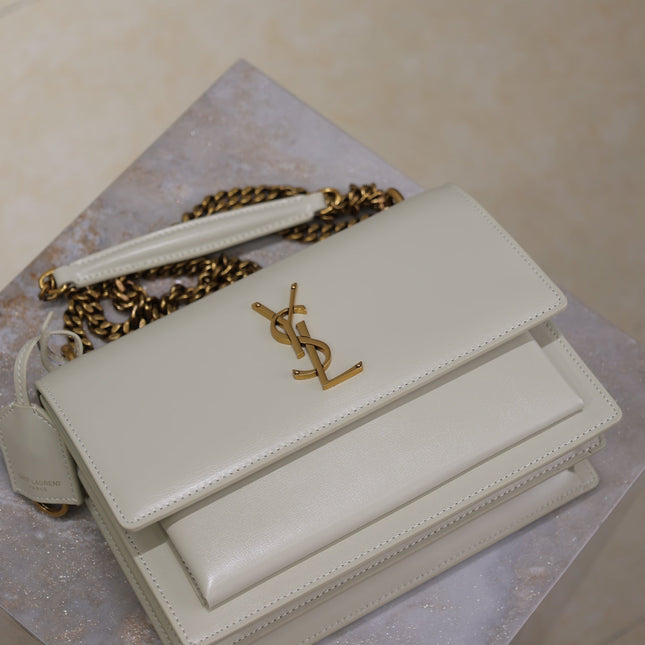 YSL 25S SUNSET BAG 22 IN IVORY CALFSKIN GOLD HARDWARE