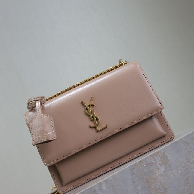YSL 25S SUNSET BAG 22 IN WARM TAUPE PINK CALFSKIN GOLD HARDWARE