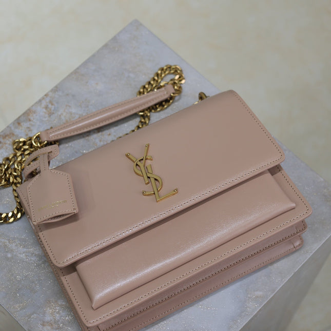 YSL 25S SUNSET BAG 22 IN WARM TAUPE PINK CALFSKIN GOLD HARDWARE