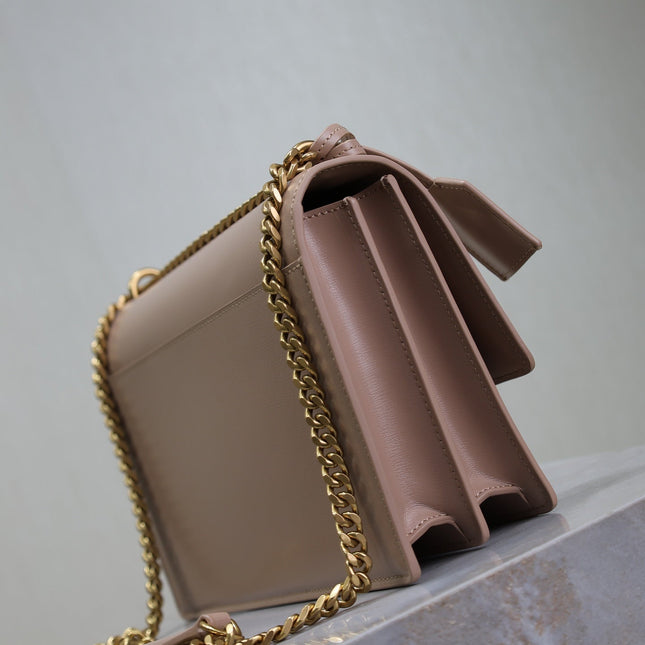 YSL 25S SUNSET BAG 22 IN WARM TAUPE PINK CALFSKIN GOLD HARDWARE