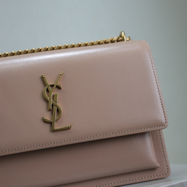 YSL 25S SUNSET BAG 22 IN WARM TAUPE PINK CALFSKIN GOLD HARDWARE