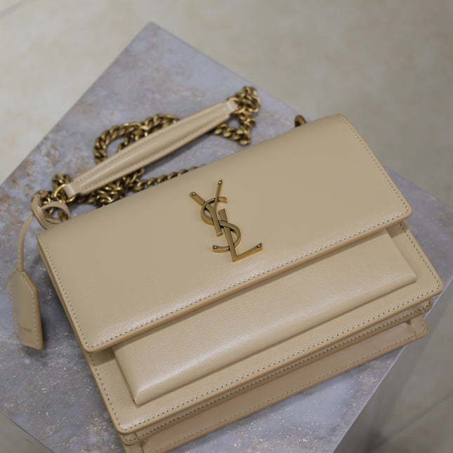 YSL 25S SUNSET BAG 22 IN NUDE CALFSKIN GOLD HARDWARE