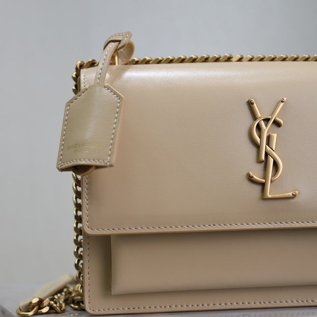 YSL 25S SUNSET BAG 22 IN NUDE CALFSKIN GOLD HARDWARE